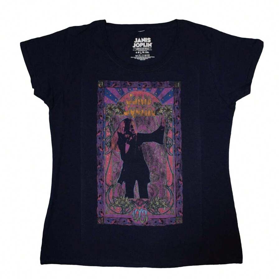 Janis Joplin T-Shirt: Paisley & Flowers Frame (Soft Hand Inks) - 48-Hour Fast Shipping!  - Navy Blue - View 1