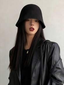 Sombrero de cubo de estilo coreano versátil para otoño/invierno de las mujeres, sombrero de cubo con marco, pasamontañas de punto de lana - Negro - Ver 6