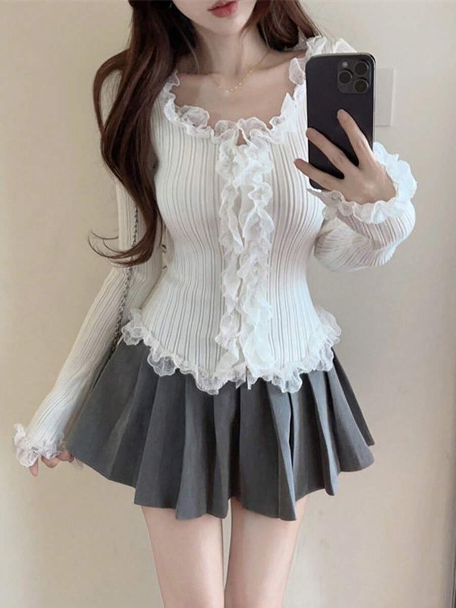 Lace Trim Fitted Knit Cardigan - White - View 1