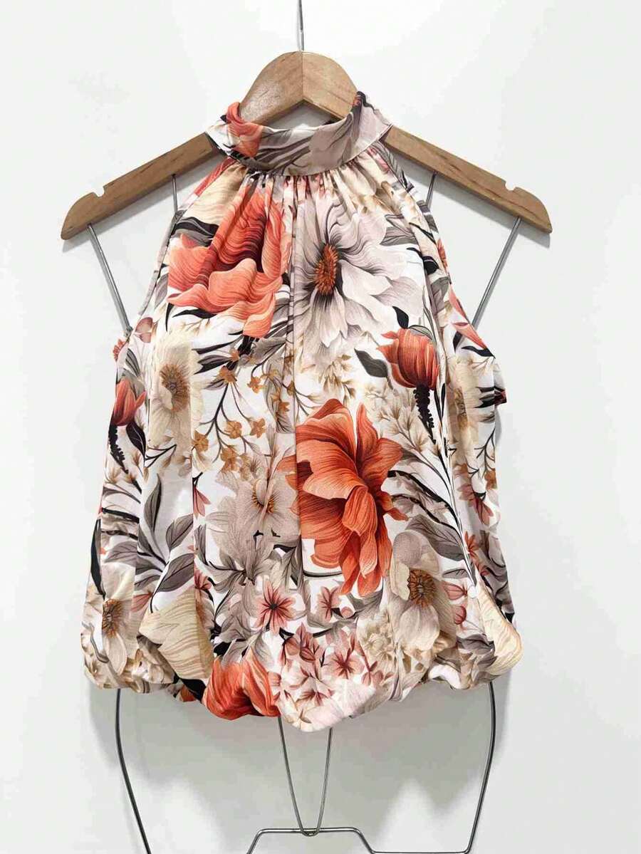 Stylish Women's Floral High Neck Blouse - Orange - View 1