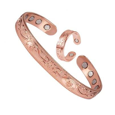 Vinterly Magnetic Pure Copper Jewelry-Set Adjustable Bracelet Ring Vintage Flower Health Energy Arthritis