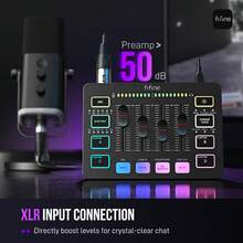 FIFINE Mezclador de audio RGB de 4 canales con entrada de micrófono XLR, alimentación fantasma de 48V, cambiador de voz, efectos de sonido personalizados, controles independientes, botón de silencio, adecuado para podcasting/grabación/transmisión/voz/juegos - Negro - Ver 3