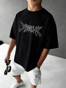 1件男童休闲印花圆领短袖T恤，夏季学生青少年服装 - 彩色数字印花T恤为每个孩子带来欢乐和幸福！ - 黑色 - 查看 1