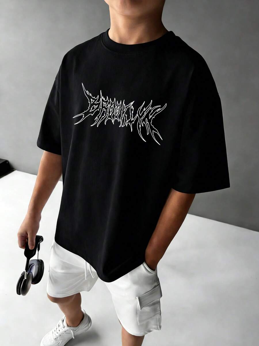 1件男童休闲印花圆领短袖T恤，夏季学生青少年服装 - 彩色数字印花T恤为每个孩子带来欢乐和幸福！ - 黑色 - 查看 1