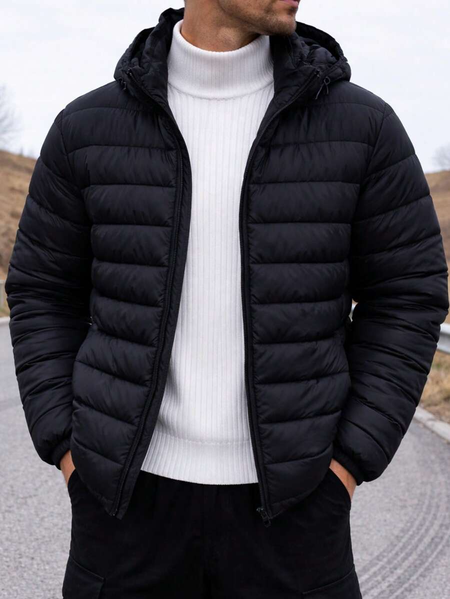 Men's Unisex Puffer Jacket With Removable Hood And Internal Pockets - Black - View 1