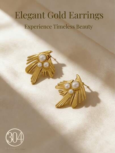18k Gold-Plated Stainless Steel Elegant Ladies' Earrings, Set With Lustrous Pearls. The Geometric Design Blends Modern Style With Timeless Elegance, Making Them The Perfect Ladies' Earrings.Earring Sets,Earings Women Earring Sets,Luxury,Gold Plated Jewelry,Beach Accesories For Women,Beach Earrings