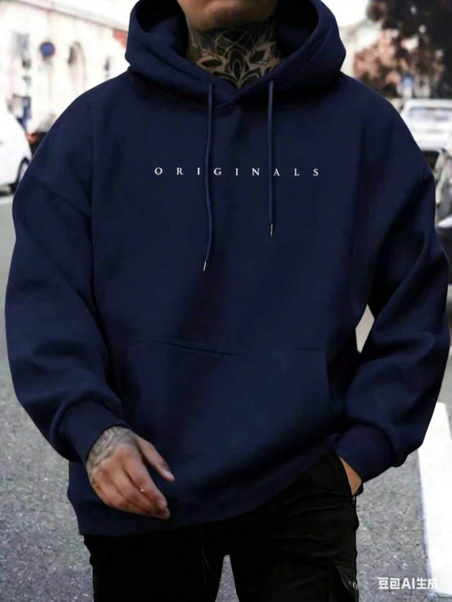 [Fleece-Lined Hooded Sweatshirt] Oversized Men's Fleece-Lined Hooded Sweatshirt |   ORIGINALS Letter Print,  Pocket, Adjustable Drawstring Hood, Relaxed Fit, Quality Stitching, Unisex Style, Everyday Comfort For Fall Winter Warmth-White And Navy Off-The-Shoulder Cropped Top - 藏青色 - 查看 1