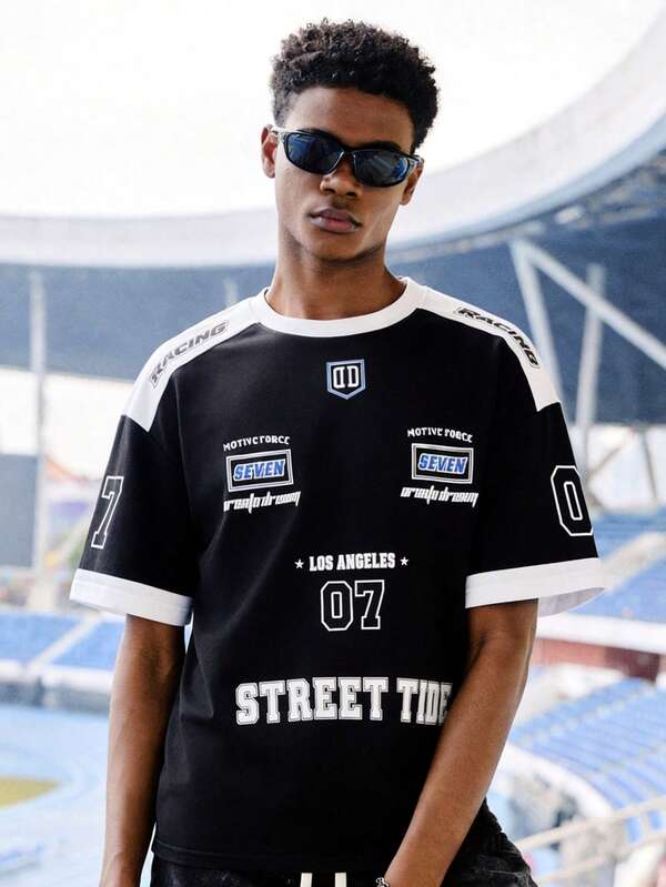 EVRINFINITE 1 件男士休闲街头风格 T 恤，涤纶针织面料，圆领，印花设计，常规款式，夏季上衣