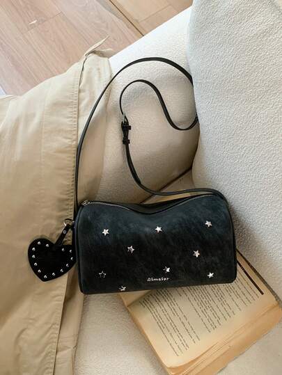 Casual Letter Printed Crossbody Bag, Retro Star & Heart Design, Shoulder Bag For Women, Spring