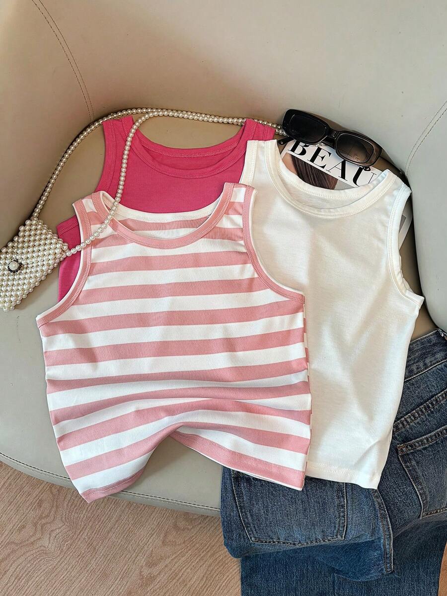 3pcs Tween Girl Sleeveless Tank Top Set, Breathable Casual Summer, Back To School, Spring, Summer, Autumn, Winter, Striped, American Style - Pink - View 1