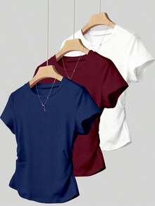A Simple Solid-Color Short-Sleeved T-Shirt Set For Women, Suitable For Daily Wear And Easy To Match With Various Outfits. Includes 1 Piece - Multicolor 5 - View 1