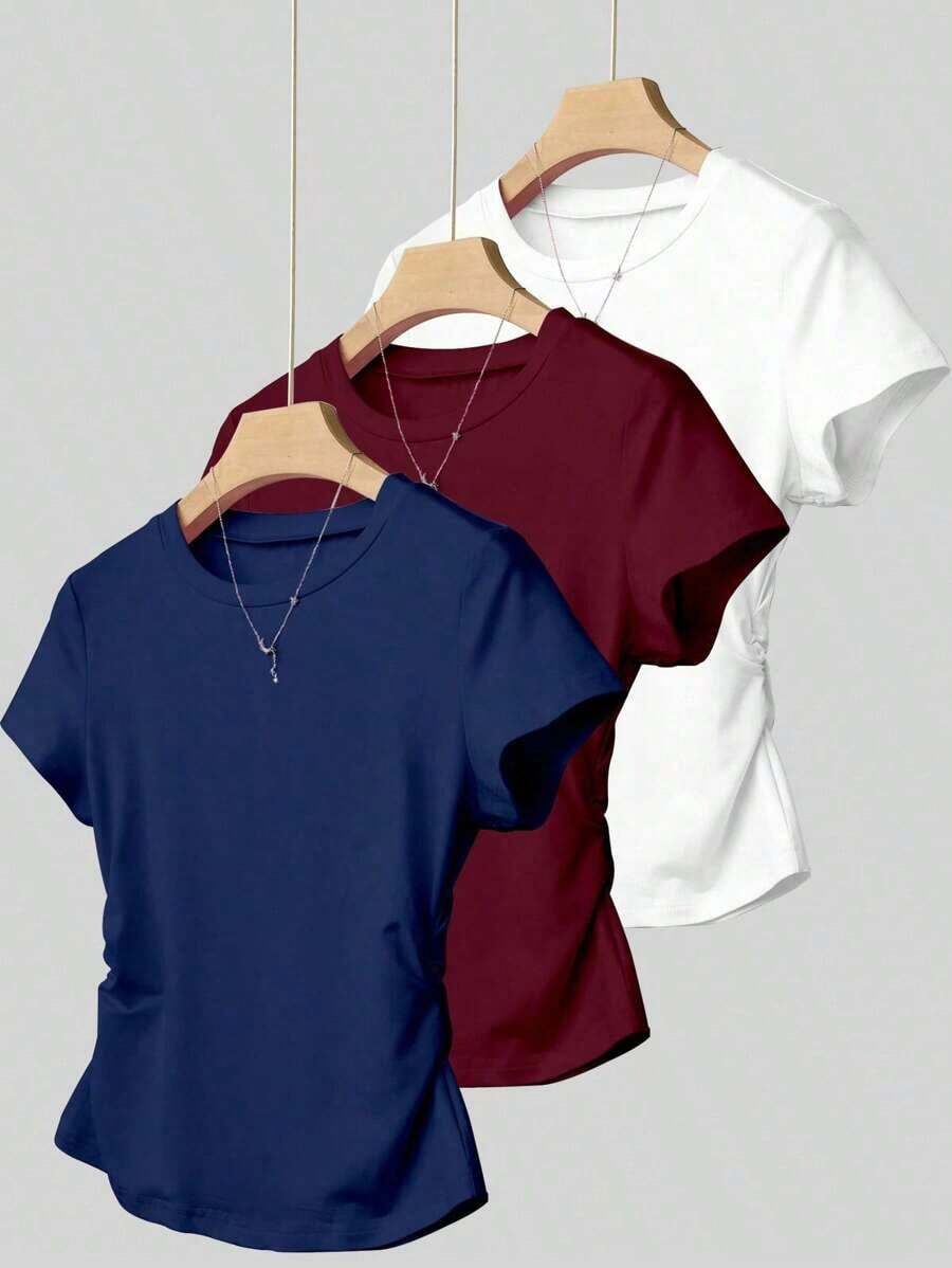 A Simple Solid-Color Short-Sleeved T-Shirt Set For Women, Suitable For Daily Wear And Easy To Match With Various Outfits. Includes 1 Piece - Multicolor 5 - View 1