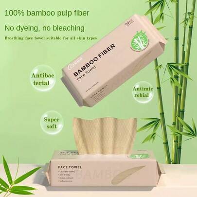 60pcs Disposable Bamboo Fiber Face Wipes, 100% Natural Bamboo, Unbleached & Undyed, Thicker & Larger Size, For All Skin Types