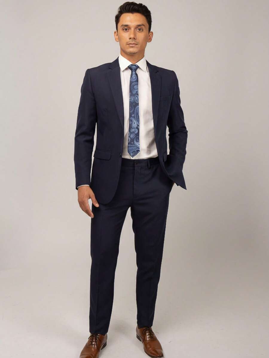 Men's Slim Fit Oxford Suit, Navy Blue, Plain, Italian Cut, 2 Vents, For Parties, Work, And Church - Màu xanh hải quân - Xem 1