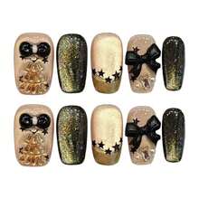 10片装星形蝴蝶黑金3D蝴蝶结美甲贴片，时尚女士派对节日佩戴，手工制作。 - 金色 - 查看 6