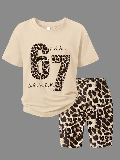 两件套女童豹纹“67”字母印花T恤+豹纹短裤，时尚简约两件套，适合外出、日常穿着、夏季上学等场合