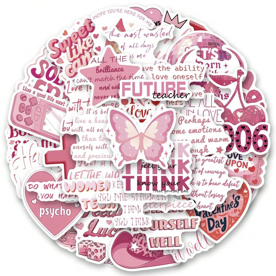 50 Pcs Pink Quotes Vinyl Stickers, Beautiful And Practical, Suitable For Scrapbooks, Diaries, Bumpers, Skateboards, Water Bottles, Helmets, Water Cups, Car Stickers, Etc. - Multicolor - View 1