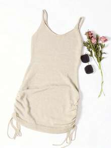 Vestido de punto casual de verano de unicolor con cordón lateral y tirantes - Beis - Ver 3