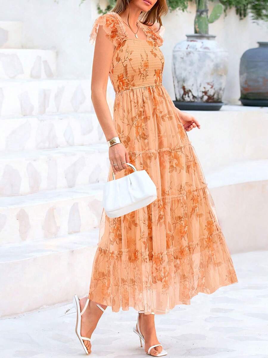 Women's Summer Mid-Length Dress Casual Sleeveless Pleats Ruffled Tulle Flowing New Year Party Wedding Guest Sundress - 杏底橙花 - 查看 1