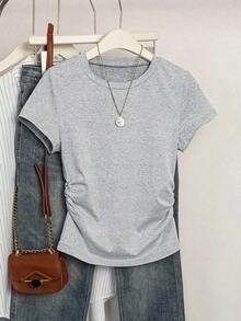 A Simple Solid-Color Short-Sleeved T-Shirt Set For Women, Suitable For Daily Wear And Easy To Match With Various Outfits. Includes 1 Piece - 多色 3 - 查看 10