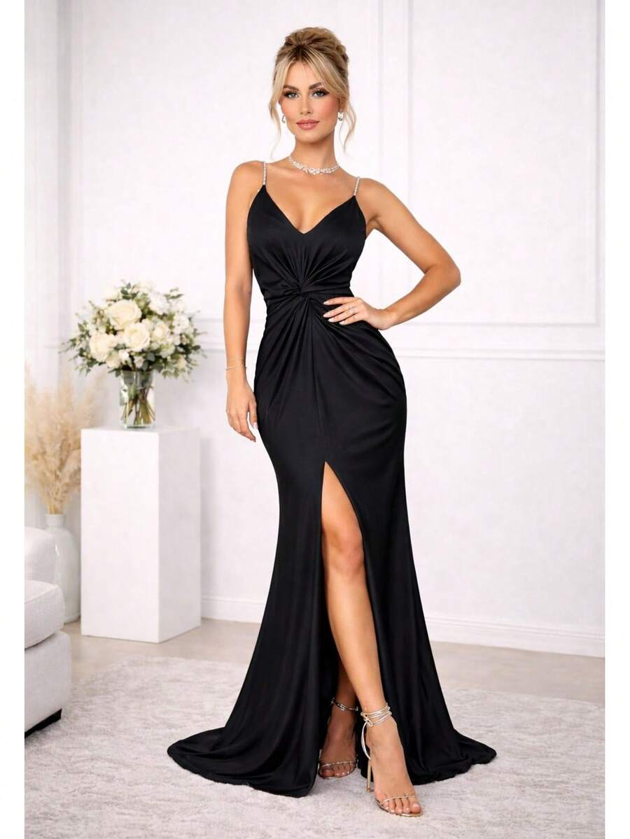 Olive Green Pink Or Black Bridesmaid Dress With SLEEVES For Bridesmaids Graduations Events Day And Night Events - 黑色 - 查看 1