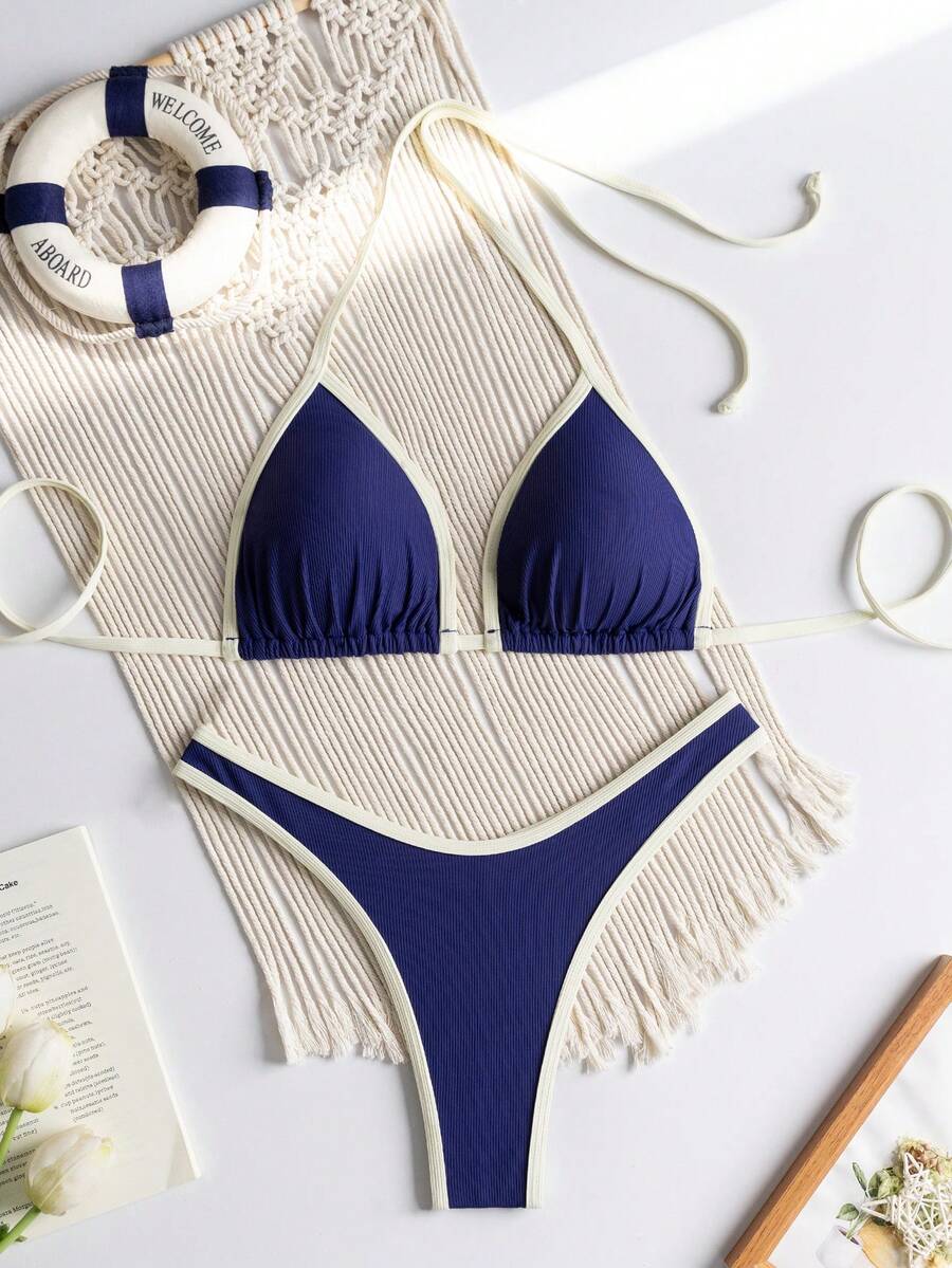RWX VEST Triangle Bikini With Contrasting Trim And Adjustable Tie 2025 XX574 - Navy Blue - View 1