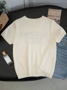 Women's Spring/Summer Retro Casual Short-Sleeve Knit Sweater | Round Neck Top With Letter Jacquard Pattern - Apricot - View 9