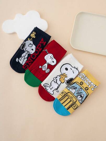 SNOOPY 4双装史努比系列小狗司机表情字母图案趣味卡通女式短袜，运动袜，四季皆宜，欧美尺码，舒适透气，色彩鲜艳，适合日常穿着，优质面料，不闷热