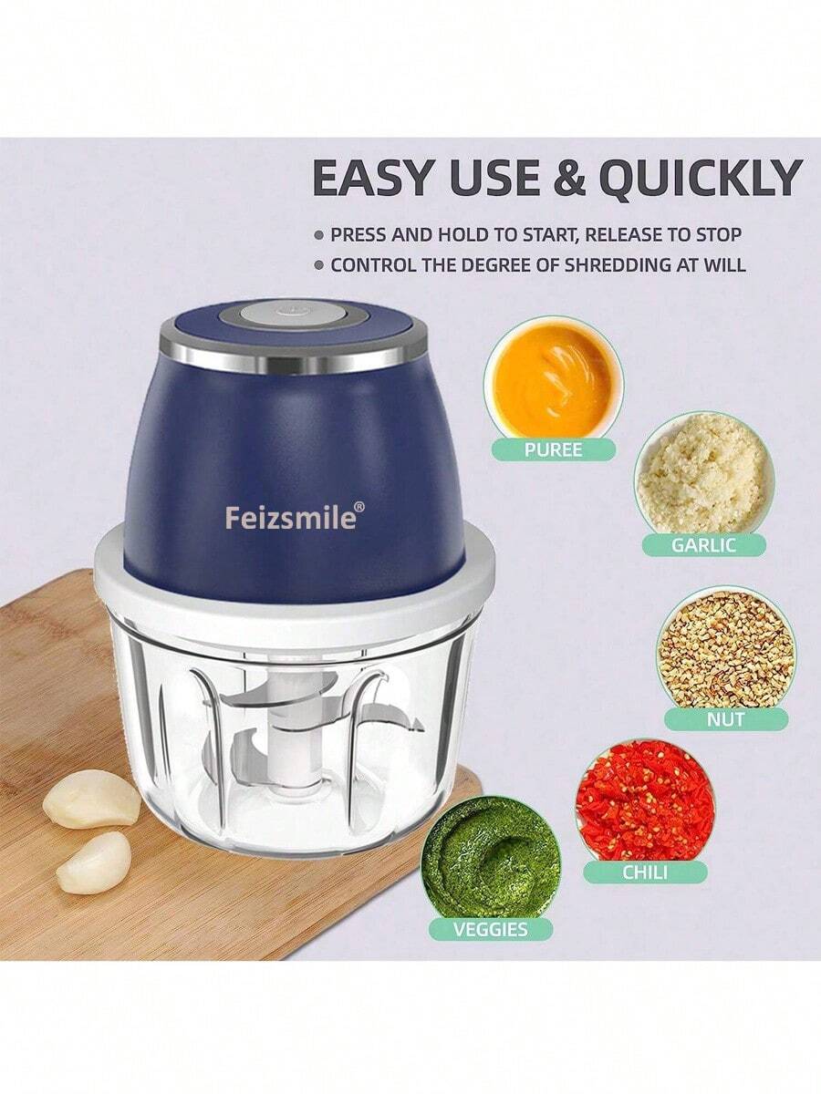 Feizsmile 强劲便携式电动食物切碎机和处理器，采用304不锈钢材质 - 迷你USB无线手持式蒜蓉切片器，容量350毫升，塑料材质，适用于蔬菜和肉类