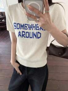 Women's Spring/Summer Retro Casual Short-Sleeve Knit Sweater | Round Neck Top With Letter Jacquard Pattern - Apricot - View 4