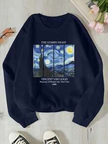 Crew Neck Sweatshirt With Van Gogh Print, New Release Model, Comfortable Fleece-Lined Sweatshirt. - Navy Blue - View 2