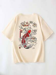 女士休闲圆领字母印花短袖T恤，夏季学生青年装 - 简约英文图案T恤激发想象力和自我表达 - 米色 - 查看 3