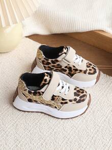 女童厚底豹纹亮片魔术贴休闲运动鞋，适合春秋季穿着 - 米色 - 查看 6