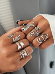Frminee Set de 6 piezas/1 pieza de anillos apilables minimalistas de acero inoxidable, joyería de moda vintage, resistente al agua, joyería de estilo bohemio para uso diario - Plateado - Ver 7