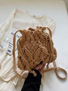 Handwoven Small Crossbody Bag For Women, New Woven Messenger Bag, Niche Beach Casual Shoulder Bag, Mini Square Envelope Bag, Crossbody Bag, Suitable For Beach Resort - 卡其色 - 查看 6