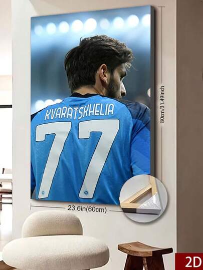 1 pieza Khvicha Kvaratskhelia Napoli #77 Obra de arte en lienzo enmarcada - Impresión plana 2D, 60x80cm, póster del momento del partido enfocado para fans y decoración de dormitorio