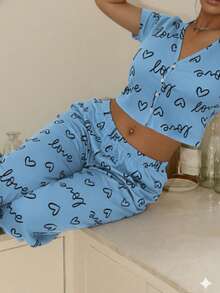 Women's Pajama Set Sleepwear Blouse And Cropped Top With Heart Print, Button-Down Cropped Top, Elastic Waist Pants, Warm Suede, Everyday Wear, Sizes P, M, G, GG, Night Comfort Line - 淺藍色 - 查看 5