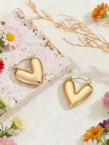 1对3D心形不锈钢优雅设计耳环，婚礼和节日必备 - 金色 - 查看 4