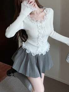 Lace Trim Fitted Knit Cardigan - White - View 11