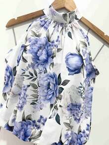 Stylish Women's Floral High Neck Blouse - Baby Blue - View 2