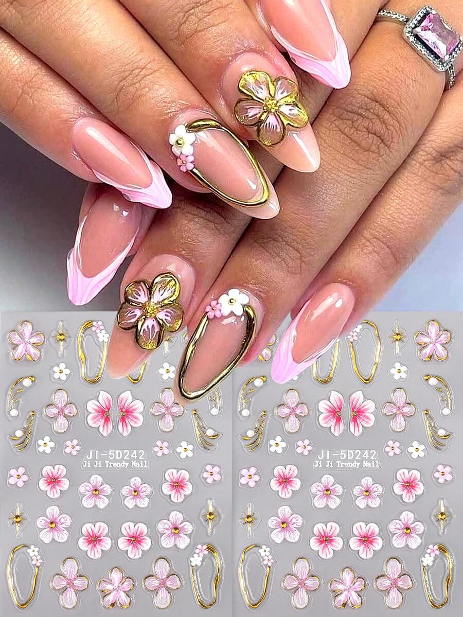 2Pcs 5D Embossed Spring/Summer Hibiscus Nail Stickers, Pink Gradient Hibiscus Pattern And French Gold Outline Design - Self-Adhesive Nail Stickers, Cute And Charming Decorative Stickers, Create Elegant Spring/Summer Nail Art DIY - Nail Salon Supplies - Multicolor - View 1