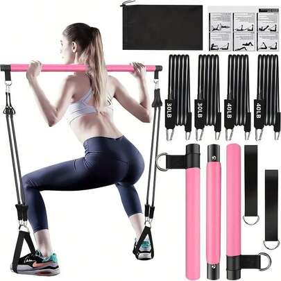 8pcs Set - Paralates Bar Set With 4 Resistance Bands (63.5 KG), Portable Home Gym Equipment Set With Ankle Straps And Portable Drawstring Backpack For Fitness Exercises For Men And Women