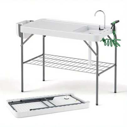 COSTWAY Heavy-Duty Foldable 2-In-1 Outdoor Fishing & Heavy-Duty Workstation With Sink, Grid Rack, Faucet, Spray System, Knife Slot & Drain Hose - 149.69 KG Capacity, Space-Saving Design, White & Black Heavy-Duty HDPE/Metal/Stainless, Adjustable Height & Sturdy Legs - Ideal For Garden, Patio, Beach, Fishing  Picnic Table With Lower Storage Shelf & Easy Fold Design, Ice Fishing, Fishing Gift, Fishing Lots, Waders Fishing, Fishing Rid, Hamac De Camping, Beach Fishing,