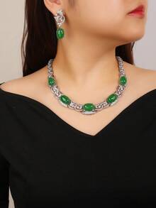 Bộ trang sức cao cấp 3 món đính đá Cubic Zirconia gồm dây chuyền và bông tai, phụ kiện thời trang cá tính dành cho váy dạ hội, quà tặng ngày Valentine/lễ hội. - bộ trang sức - Xem 2