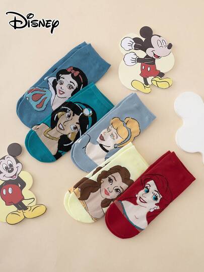  5 Pairs Disney Princess Pattern Interesting Cartoon Women's Ankle Socks, Sports Socks, All Season, European And American Size, Comfortable Breathable Durable, Colorful, Suitable For Daily Wear, Premium Fabric, Non-Stuffy