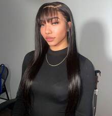 13x4 Lace Front Wig With Bangs Real Human Hair, Silky Straight 180% Density Lace Frontal Wigs With French Fringe Bangs, Baby Hair Pre Plucked Natural Hairline Wig Natural Black Color 16-32 INCH, Elegant Airy Fringe Lace Wigs With Bangs, Perfect For Graduation, Anniversary, Holiday Wear Occasions - SNatural - Xem 8