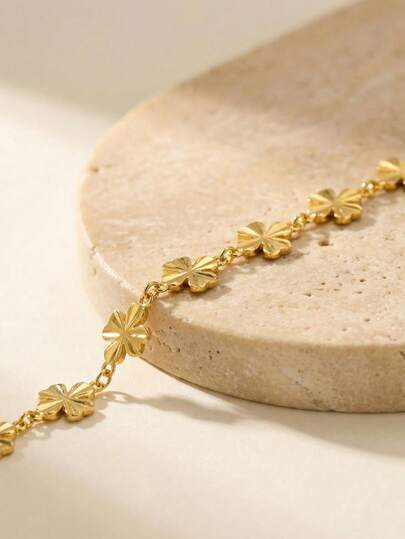 1件优雅简约不锈钢四叶草元素金色脚链，女士饰品