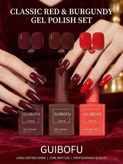 GMUME 3Pcs/Set 15ml Wine Red Gel Nail Polish, Burgundy Dark Cherry Rouge, Sexy Valentine's Day New Year Manicure, Classic Elegant Colors, Long Lasting Soak Off UV Gel Kit