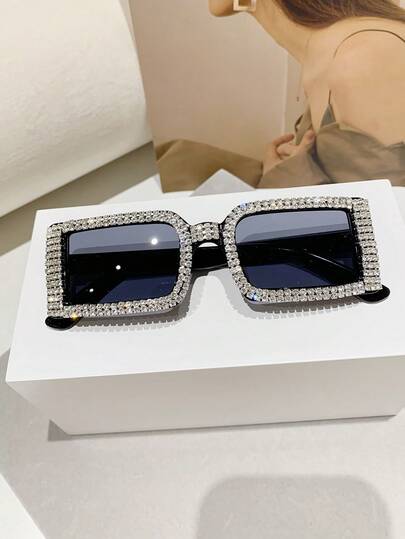 Y2K风格黑色长方形时尚眼镜，女士款，镶钻装饰，适合派对佩戴，彰显个性街头风