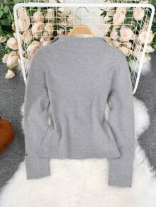 Cute Street Style Bow Lapel Pure Desire Slim Fit Knitwear Women's Slim Sweater Grey V-Neck Bottoming Shirt, Wearable Alone, Sleeve Slit - Grey - View 6